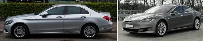 Mercedes-Benz C-klasse mot Tesla Model S. Nb: Bilen til venstre er en Mercedes-Benz_C_220_BlueTEC_Exclusive_(W_205) med lavere utslipp, ikke samme modell som beskrevet i teksten. (Foto: M93, CC-BY-SA 3.0 Germany/Mariordo, <a href="https://creativecommons.org/licenses/by-sa/4.0">CC-BY-SA 4.0</a>)