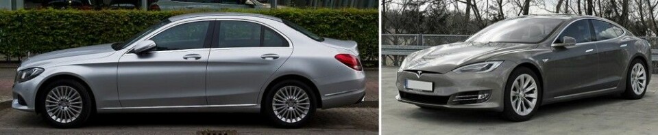 Mercedes-Benz C-klasse mot Tesla Model S. Nb: Bilen til venstre er en Mercedes-Benz_C_220_BlueTEC_Exclusive_(W_205) med lavere utslipp, ikke samme modell som beskrevet i teksten. (Foto: M93, CC-BY-SA 3.0 Germany/Mariordo, CC-BY-SA 4.0)