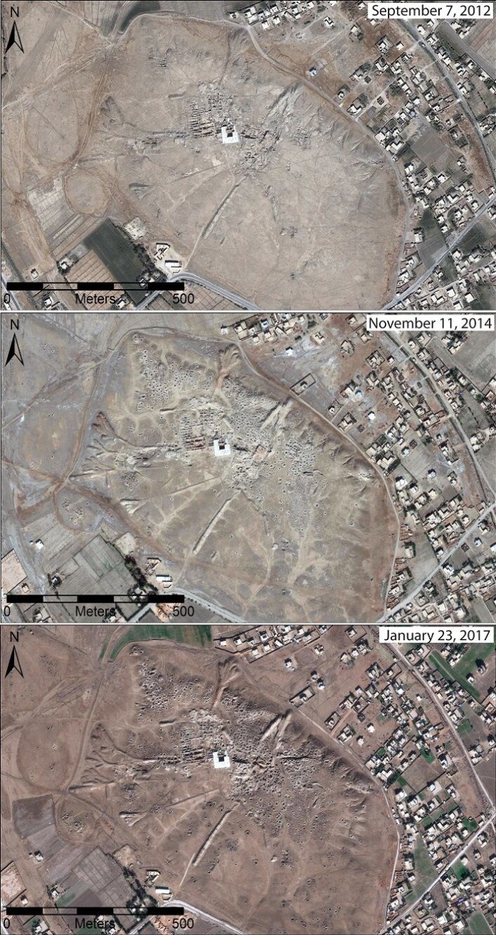 Dette er utviklingen i oldtidsbyen Mari mellom 2012 og 2017. Byen ligger sørøst i Syria. (Bilde: DigitalGlobe 2017/CC BY) Dette er utviklingen i oldtidsbyen Mari mellom 2012 og 2017. Byen ligger sørøst i Syria. (Bilde: DigitalGlobe 2017/CC BY)