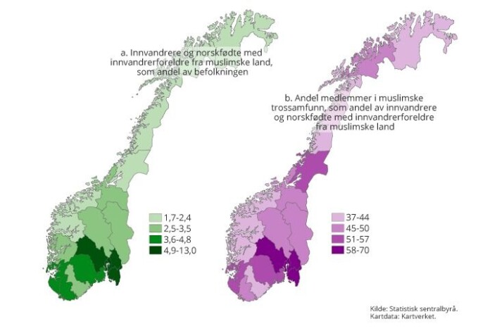 Desto større andel personer med bakgrunn fra et muslimsk land det bor i et norsk fylke (grønt), desto større andel av muslimene i fylket finner SSB-forskerne at er medlemmer i et trossamfunn. (lilla). Buskerud, Oslo, Akershus og Østfold peker seg ut. Desto større andel personer med bakgrunn fra et muslimsk land det bor i et norsk fylke (grønt), desto større andel av muslimene i fylket finner SSB-forskerne at er medlemmer i et trossamfunn. (lilla). Buskerud, Oslo, Akershus og Østfold peker seg ut.