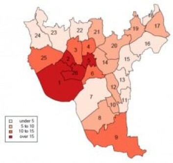 Antall treningsstudioer var omvendt proporsjonal med diabetes 2-forekomsten. I Frogner var det 15 (mørk farge).<br>(Grafikk: European Journal of Public Health) Antall treningsstudioer var omvendt proporsjonal med diabetes 2-forekomsten. I Frogner var det 15 (mørk farge).<br>(Grafikk: European Journal of Public Health)