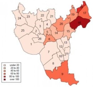 Mørk farge viser høy forekomst av diabetes 2, lys farge lav forekomst. De mørkeste områdene tilsvarer i dag Stovner, Alna, deler av Grorud og Søndre Nordstrand. (Grafikk: European Journal of Public Health) Mørk farge viser høy forekomst av diabetes 2, lys farge lav forekomst. De mørkeste områdene tilsvarer i dag Stovner, Alna, deler av Grorud og Søndre Nordstrand. (Grafikk: European Journal of Public Health)