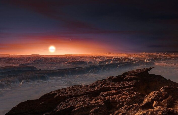 Planeten Proxima b, slik kunstneren tenker seg den. Ross 128 b kan være enda bedre egnet for liv, men er omtrent like stor og går også rundt en rød dvergstjerne. (Illustrasjon: ESO/M. Kornmesser) Planeten Proxima b, slik kunstneren tenker seg den. Ross 128 b kan være enda bedre egnet for liv, men er omtrent like stor og går også rundt en rød dvergstjerne. (Illustrasjon: ESO/M. Kornmesser)