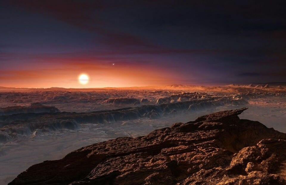 Planeten Proxima b, slik kunstneren tenker seg den. Ross 128 b kan være enda bedre egnet for liv, men er omtrent like stor og går også rundt en rød dvergstjerne.  (Illustrasjon: ESO/M. Kornmesser)