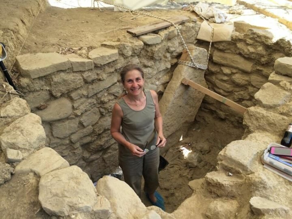 Her står arkeolog Shari Stocker i graven til griff-krigeren. Graven befinner seg i det sørlige Hellas. [Foto: University of Cincinnati]