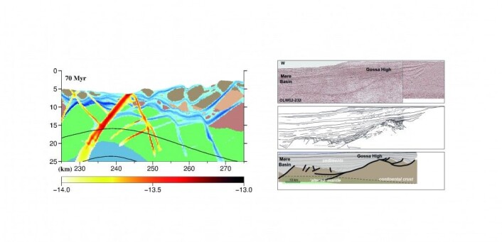 De nye numeriske modellene beskriver i detalj hvordan disse prosessene skjer over tid. De kan dermed hjelpe forskerne å forstå en del observasjoner bedre. Det gjelder for eksempel strukturene de ser i seismiske data fra områder som Gossa-høyden på midt-Norsk sokkel (til høyre på illustrasjonen). De røde og gule feltene (til venstre på illustrasjonen) markerer aktive forkastninger, hvor rask deformasjon skjer, mens de blå viser hvor forkastninger har blitt dannet (Illustrasjon: NGU) De nye numeriske modellene beskriver i detalj hvordan disse prosessene skjer over tid. De kan dermed hjelpe forskerne å forstå en del observasjoner bedre. Det gjelder for eksempel strukturene de ser i seismiske data fra områder som Gossa-høyden på midt-Norsk sokkel (til høyre på illustrasjonen). De røde og gule feltene (til venstre på illustrasjonen) markerer aktive forkastninger, hvor rask deformasjon skjer, mens de blå viser hvor forkastninger har blitt dannet (Illustrasjon: NGU)