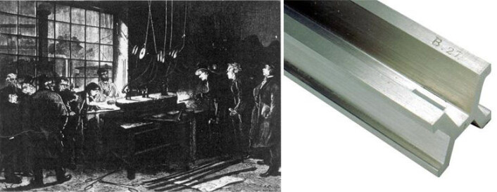 Den aller første meterstaven støpes i 1874 på Conservatoire des Arts et Métiers, Paris. Til høyre sees den amerikanske kopien av den originale meterstaven. (Illustrasjon: Til venstre – ukj. gravering, til høyre: NIST Virtual Museum, US National Institute of Standards and Technology - NIST) Den aller første meterstaven støpes i 1874 på Conservatoire des Arts et Métiers, Paris. Til høyre sees den amerikanske kopien av den originale meterstaven. (Illustrasjon: Til venstre – ukj. gravering, til høyre: NIST Virtual Museum, US National Institute of Standards and Technology - NIST)