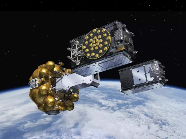 To Galileo-satellitter settes ut i sine motsatte baner fra frisettingsmekanismen de skytes opp med. (Grafikk: ESA / J. Huart)