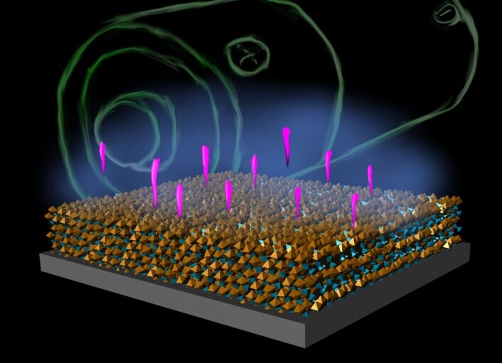 Illustrasjon av verdens hurtigste katode-materiale, LiFePO4. Materialet har evnen til å «trene» seg selv slik at det blir mer effektivt ved bruk. De rosa pilene er litiumioner som forsvinner ut når batteriet brukes. (Illustrasjon: UiO) Illustrasjon av verdens hurtigste katode-materiale, LiFePO4. Materialet har evnen til å «trene» seg selv slik at det blir mer effektivt ved bruk. De rosa pilene er litiumioner som forsvinner ut når batteriet brukes. (Illustrasjon: UiO)