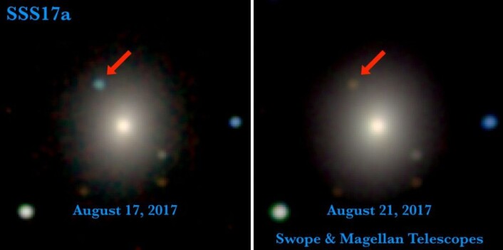 Vi ser et lys! Teleskoper verden over observerte krasjet mellom de to nøytronstjernene. Bildet til venstre er det første som ble tatt av hendelsen, 11 timer etter at gravitasjonsbølgene ble registrert. Bildet til høyre er tatt fire dager senere. Da er lyset blitt svakere og rødere. (Foto: 1M2H/UC Santa Cruz og Carnegie Observatories/Ryan Foley) Vi ser et lys! Teleskoper verden over observerte krasjet mellom de to nøytronstjernene. Bildet til venstre er det første som ble tatt av hendelsen, 11 timer etter at gravitasjonsbølgene ble registrert. Bildet til høyre er tatt fire dager senere. Da er lyset blitt svakere og rødere. (Foto: 1M2H/UC Santa Cruz og Carnegie Observatories/Ryan Foley)