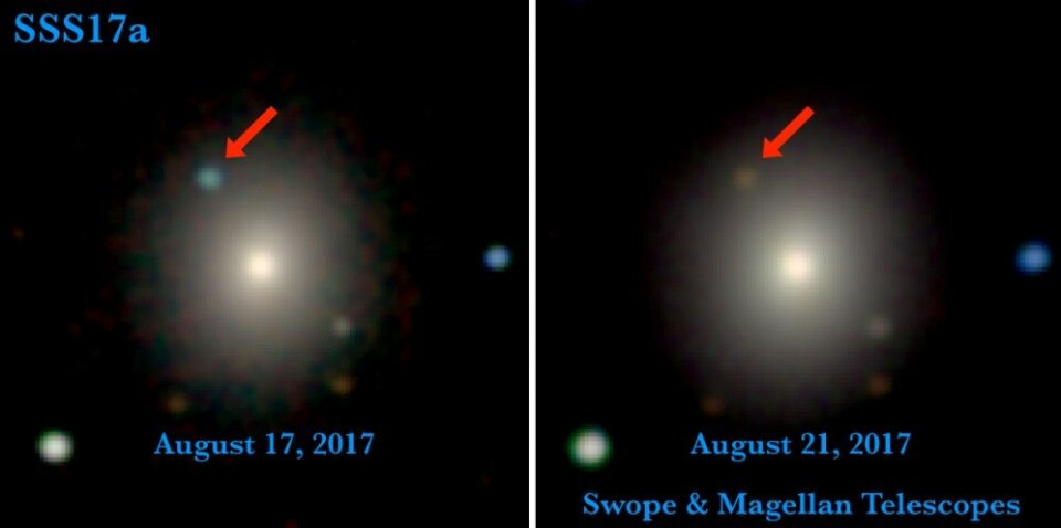 Vi ser et lys! Teleskoper verden over observerte krasjet mellom de to nøytronstjernene. Bildet til venstre er det første som ble tatt av hendelsen, 11 timer etter at gravitasjonsbølgene ble registrert. Bildet til høyre er tatt fire dager senere. Da er lyset blitt svakere og rødere. (Foto: 1M2H/UC Santa Cruz og Carnegie Observatories/Ryan Foley)