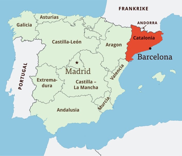Catalonia er markert med rødt. (Kart: <a href="https://brukere.snl.no/34880">Erik Bolstad</a>. <a href="https://creativecommons.org/licenses/by-sa/3.0/no/">CC BY SA 3.0</a>) Catalonia er markert med rødt. (Kart: <a href="https://brukere.snl.no/34880">Erik Bolstad</a>. <a href="https://creativecommons.org/licenses/by-sa/3.0/no/">CC BY SA 3.0</a>)