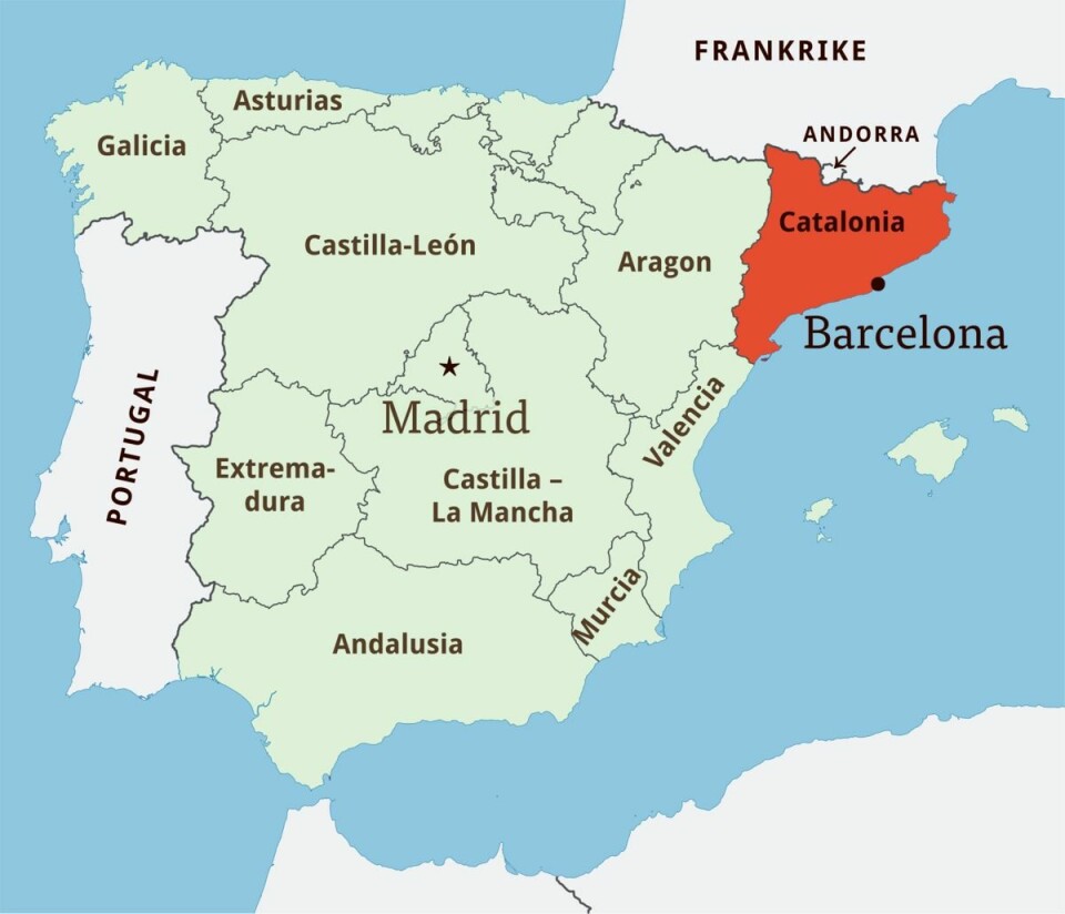 Catalonia er markert med rødt. (Kart: Erik Bolstad. CC BY SA 3.0)