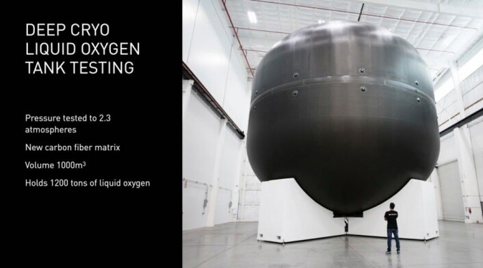 SpaceX har utviklet store, lette drivstofftanker av karbonfiber. (Foto: SpaceX, fra YouTube-video av foredraget Elon Musk holdt på romkongressen IAC i Adelaide, Australia 20.9.2017) SpaceX har utviklet store, lette drivstofftanker av karbonfiber. (Foto: SpaceX, fra YouTube-video av foredraget Elon Musk holdt på romkongressen IAC i Adelaide, Australia 20.9.2017)