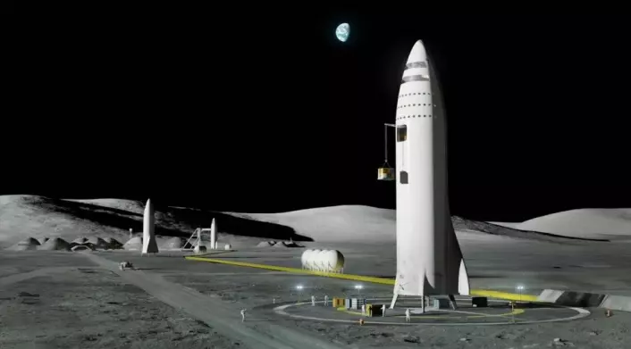 Romskipet BFR skal kunne gjennomføre en måneferd og returnere til Jorda med bare én drivstoffylling i jordbane. Alle deler av romskipet er gjenbrukbare. (Illustrasjon: SpaceX, fra YouTube-video av foredraget Elon Musk holdt på romkongressen IAC i Adelaide, Australia 20.9.2017)