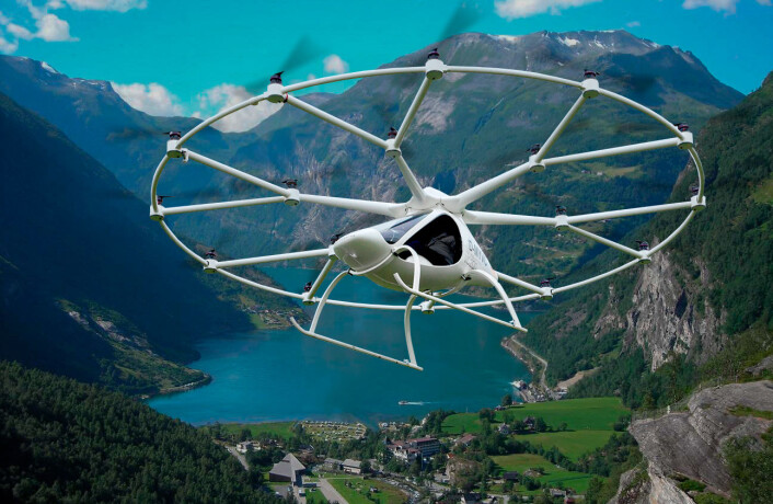 Gondol uten wire … (Foto: Volocopter/Bengt Larsson, Wikimedia Commons, montasje av forskning.no) Gondol uten wire … (Foto: Volocopter/Bengt Larsson, Wikimedia Commons, montasje av forskning.no)