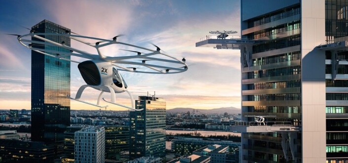 Transportselskapet Uber foreslår at eVTOL-fartøy kan lande ved trafikkmaskiner eller på taket av garasjeanlegg. Produsenten Volocopter ser for seg plattformer bygget ut fra skyskrapere. (Illustrasjon: Volocopter) Transportselskapet Uber foreslår at eVTOL-fartøy kan lande ved trafikkmaskiner eller på taket av garasjeanlegg. Produsenten Volocopter ser for seg plattformer bygget ut fra skyskrapere. (Illustrasjon: Volocopter)