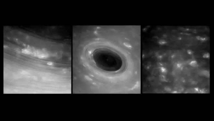 Bildene her viser Saturns atmosfære på kloss hold, noe ingen tidligere har klart å ta. Det var første gang en sonde har dykket ned i området mellom Saturn og ringene kommet tilbake igjen. (Foto: Nasa)
