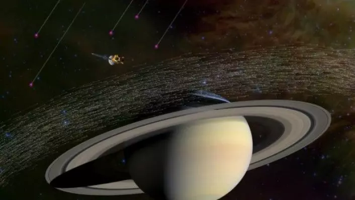 Cassini har samlet millioner av støvkornprøver fra Saturn. En del av prøvene kommer trolig fra et annet solsystem. Forskerne mener at de har en interstellar opprinnelse, for de beveger seg mye raskere og i andre retninger enn støvet som stammer fra Saturn. (Illustrasjon: Nasa)