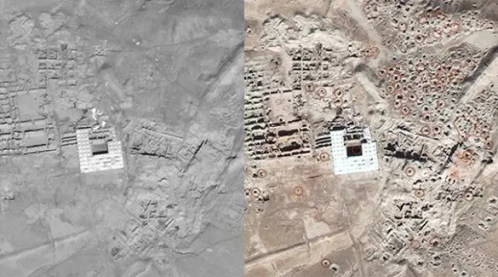 Satellittbilder av oldtidsbyen Mari i det sydøstlige Syria viser tydelig hvordan plyndringen av kulturgjenstander setter spor. Bildet til venstre er fra 4. august 2011, mens bildet til høyre er tatt 11. november 2014. (Foto: Image ©DigitalGlobe | U.S. Department of State, NextView License | Analysis AAAS)