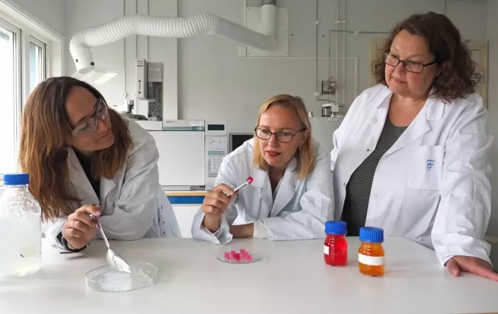 Forskerne Ellinor Bævre Heggset (fra venstre), Kristin Syverud og Ingebjørg Leirset viser frem nanocellulose-byggesteinene i vann. De rosa klumpene er stillaser (scaffolds) for celler bygget av disse byggesteinene. (Foto: Per Olav Johnsen / RISE PFI)