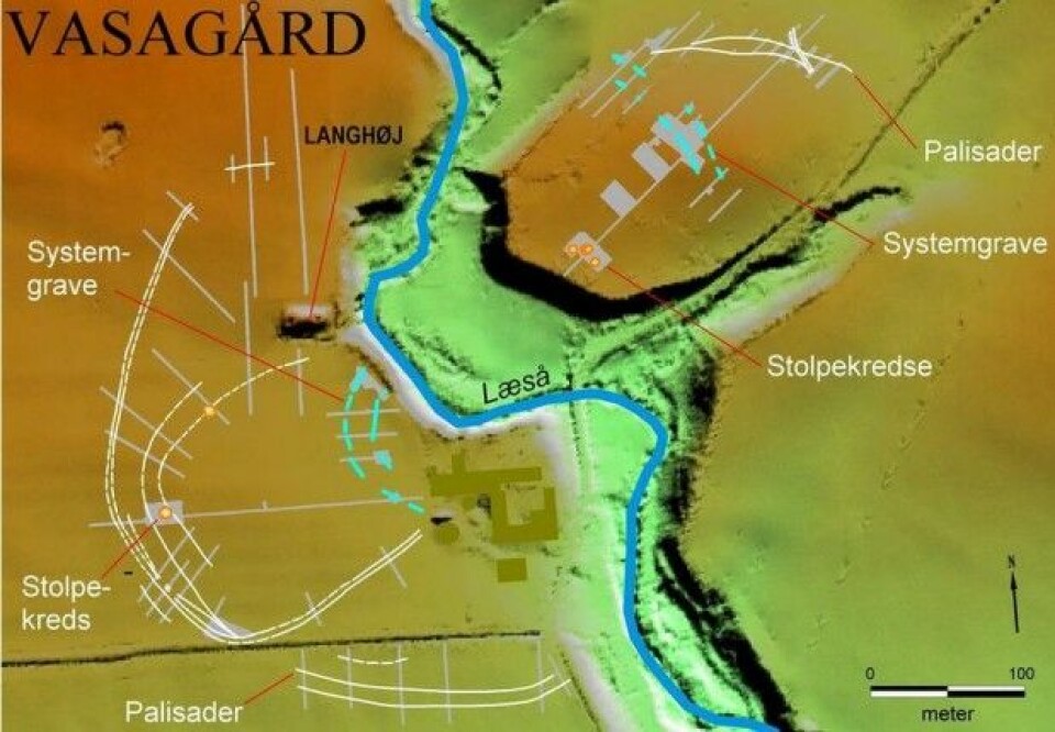 Et kart over Vasagård. Tvers gjennom går elvedalen. (Kart: Bornholms Museum)