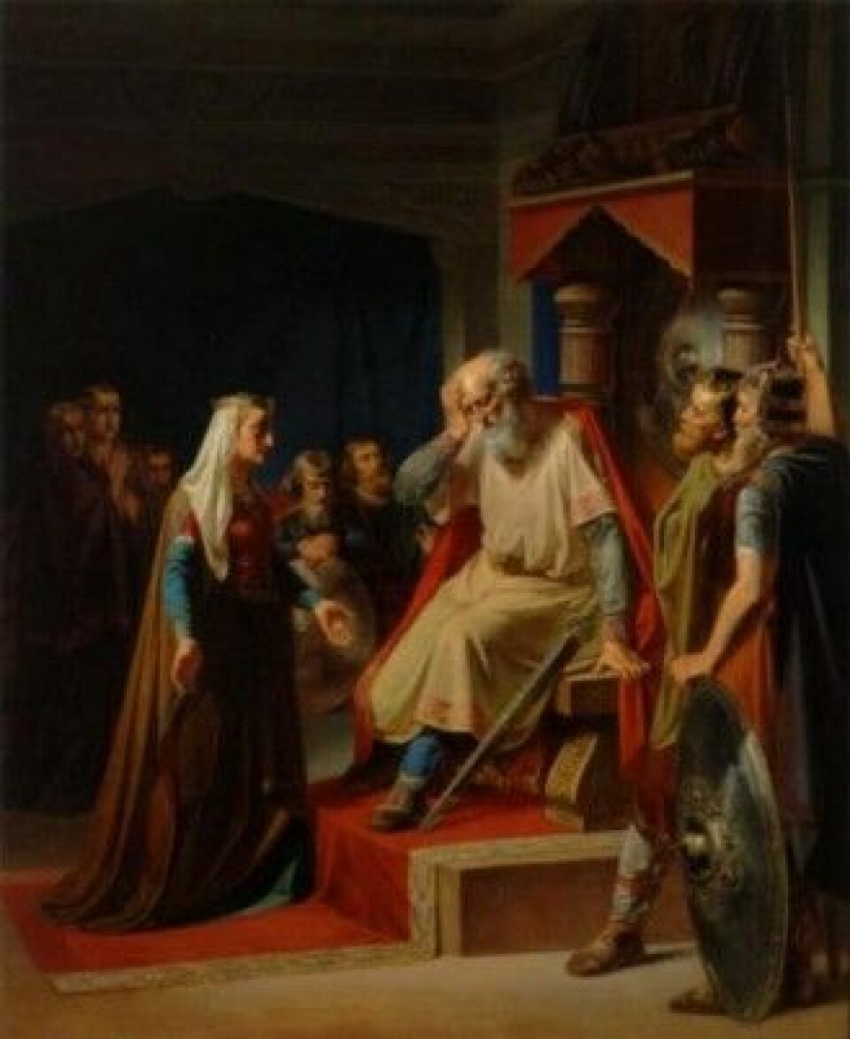 Thyra Danebod meddeler Gorm den Gamle om hans sønn Knuds død. (Wikimedia/Maleri av August Thomsen fra 1800-tallet)