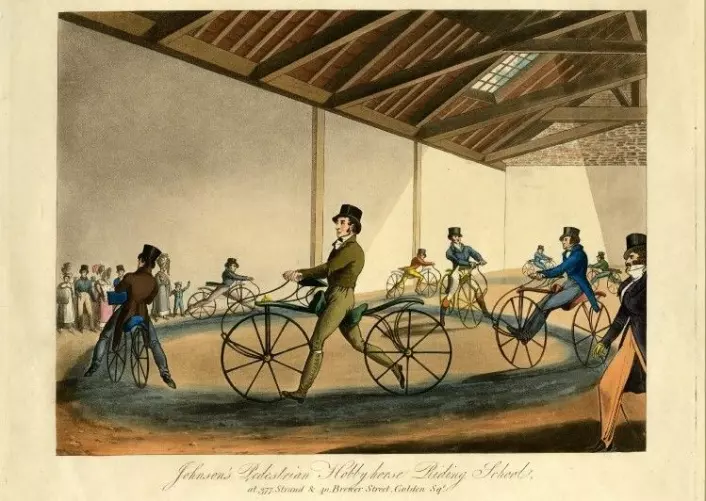 Denis Johnsons sykkelskole i 1819. (Illustrasjon: British Museum, <a href="http://creativecommons.org/licenses/by-nc-sa/4.0/">Creative Commons BY-NC-SA 4.0</a>)