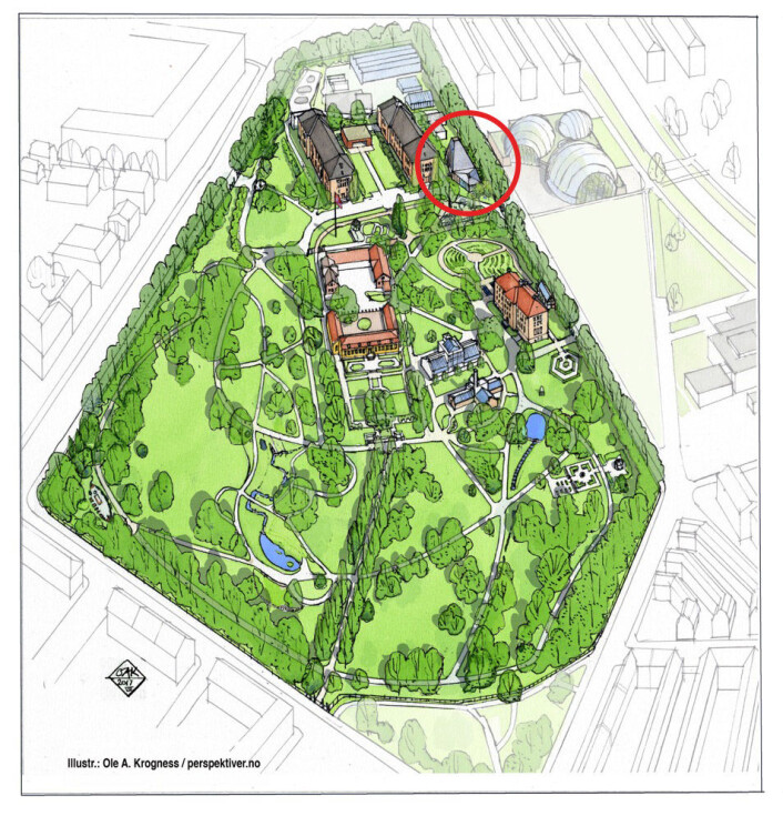 Klimahuset skal ligge i Botanisk hage mellom Brøggers hus (tidligere Geologisk museum) og det fremtidige Veksthuset. (Illustrasjon: Ole A. Krogness, perspektiver.no) Klimahuset skal ligge i Botanisk hage mellom Brøggers hus (tidligere Geologisk museum) og det fremtidige Veksthuset. (Illustrasjon: Ole A. Krogness, perspektiver.no)