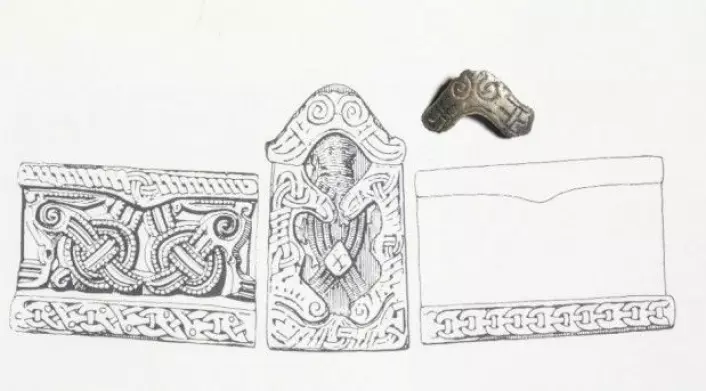 Ornamentikken på det lille beslaget funnet i Borgrings nordport svarer til den som er funnet på spennen fra Fyrkat, som det fremgår av bildet her. (Tegning: Museum Sydøstdanmark)