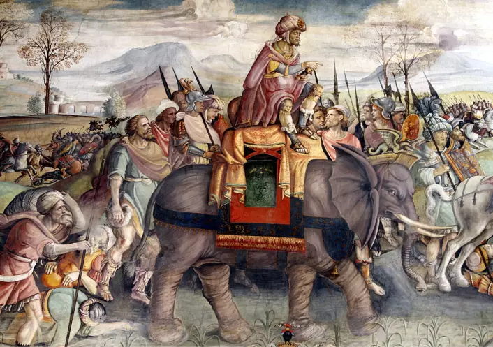 En freske fra rundt 1510 i Capitolini-museet i Roma viser hvordan det kan ha sett ut da Hannibal krysset Alpene på elefant. Krigeren fra Kartago måtte til slutt gi tapt mot Roma, som ble betraktelig rikere etter seieren. (Illustrasjon: José Luiz Bernardes Ribeiro / CC BY-SA 4.0)