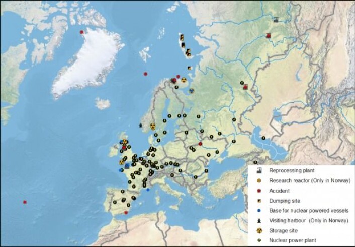 Eksisterande og moglege kjelder til radioaktiv forureining i norsk farvatn. (Kjelde: Statens strålevern) Eksisterande og moglege kjelder til radioaktiv forureining i norsk farvatn. (Kjelde: Statens strålevern)