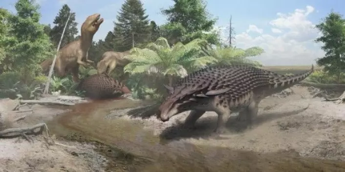 De nye analysene tyder på at dinosauren var et byttedyr. <em>Borealopelta markmitchelli</em> er derfor «et av de mest konkrete bevisene for at det fantes rovdyr som kunne nedkjempe enorme, tungt pansrede planteetere», sier Jakob Vinther. (Illustrasjon: Royal Tyrrell Museum of Palaeontology)