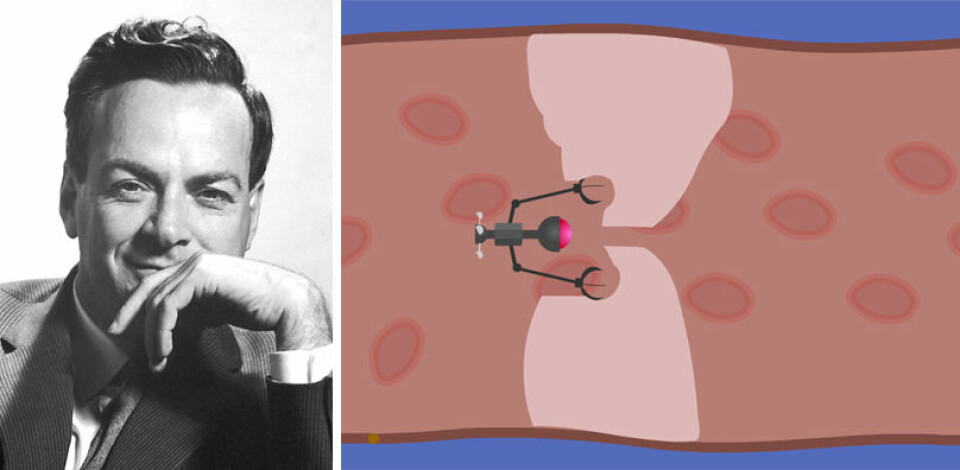 Til venstre: Richard Feynman holdt foredraget “There´s Plenty of Room at the Bottom” på et møte American Physical Society i 1959. Der foreslo han å bygge ørsmå maskiner av enkeltatomer og molekyler, blant annet maskiner som kunne operere inne i menneskekroppen, som i figuren til høyre, der en mikrorobot fjerner en blodpropp. Figuren er hentet fra en video laget av forskning.no i 2004. (Foto: Nobelstiftelsen / Arnfinn Christensen, forskning.no)