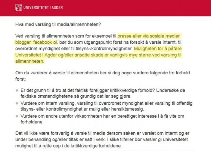 Slik så omtalte Universitetet i Agder varsling til allmennheten og media tidligere. Uthevingen er gjort av forskning.no. (Skjermbilde fra Universitetet i Agders nettsider) Slik så omtalte Universitetet i Agder varsling til allmennheten og media tidligere. Uthevingen er gjort av forskning.no. (Skjermbilde fra Universitetet i Agders nettsider)