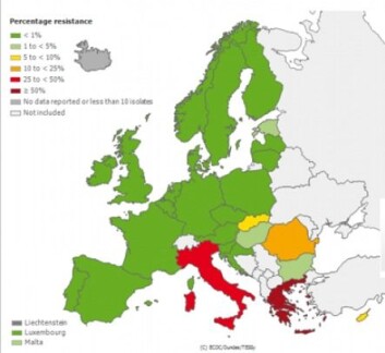 Det er særlig Italia og Hellas som peker seg ut med stor utbredelse av en type multiresistente bakterier, som heter klebsiella. I Hellas er over 50 prosent av disse motstandsdyktige, i Italia mellom 25 og 50 prosent. Romania har ti til 25 prosent og i Slovakia (gult) er fem til ti prosent av disse bakteriene multiresistente.<br> (Ill. Per Akselsen, Haukeland sykehus) Det er særlig Italia og Hellas som peker seg ut med stor utbredelse av en type multiresistente bakterier, som heter klebsiella. I Hellas er over 50 prosent av disse motstandsdyktige, i Italia mellom 25 og 50 prosent. Romania har ti til 25 prosent og i Slovakia (gult) er fem til ti prosent av disse bakteriene multiresistente.<br> (Ill. Per Akselsen, Haukeland sykehus)