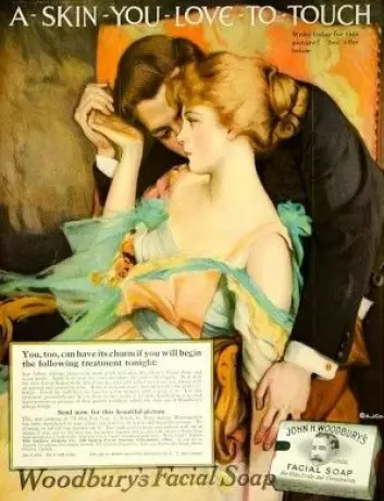 En av de første reklamene som spilte på sex fra Woodbury Soap Company. Slagordet «A skin you love to touch» ble såpass populært at firmaet brukte det helt fram til 40-tallet. (Foto: Wikimedia Commons)