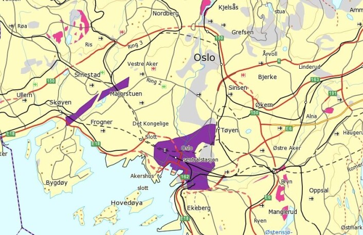 Oslo sentrum er et av stedene i Norge som har svært høye nivåer (lilla farge) av radon. Se på radonkartet hos NGU om du vil finne radonnivået der du bor. Oslo sentrum er et av stedene i Norge som har svært høye nivåer (lilla farge) av radon. Se på radonkartet hos NGU om du vil finne radonnivået der du bor.