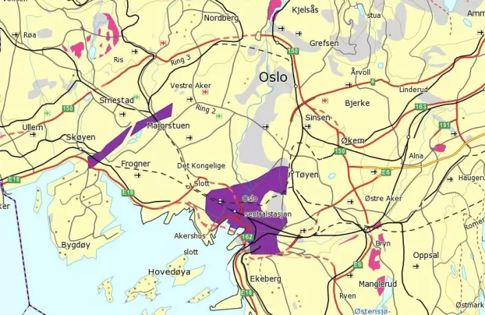 Oslo sentrum er et av stedene i Norge som har svært høye nivåer (lilla farge) av radon. Se på radonkartet hos NGU om du vil finne radonnivået der du bor.