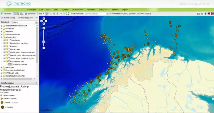 Her en en skjermdump av det interaktive kartet til Mareano, som viser hvor mye mat som finnes i dyrene på havbunnen. Forskerne har beregnet hvor mye energi dyrene representerer, i joule per kvadratmeter per år. (Foto: Skjermdump / Mareano)