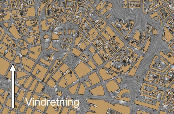 Illustrasjonen viser hvordan luften beveger seg i bygatene i Oslo sentrum når vinden kommer fra sør. (Bilde: FFI) Illustrasjonen viser hvordan luften beveger seg i bygatene i Oslo sentrum når vinden kommer fra sør. (Bilde: FFI)
