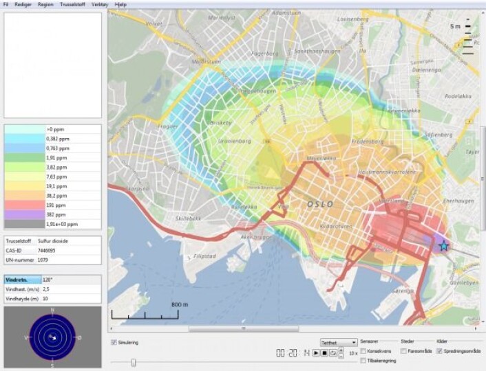 Her har CT-Analyst Oslo beregnet hvor stor konsentrasjonen av svoveldioksid er i ulike deler av Oslo sentrum 20 minutter etter utslipp av 55 tonn gass fra en jernbanevogn på Oslo S når det blåser 2,5 sekundmeter fra øst. (Bilde: FFI) Her har CT-Analyst Oslo beregnet hvor stor konsentrasjonen av svoveldioksid er i ulike deler av Oslo sentrum 20 minutter etter utslipp av 55 tonn gass fra en jernbanevogn på Oslo S når det blåser 2,5 sekundmeter fra øst. (Bilde: FFI)