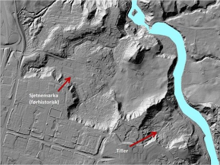 Her er et typisk laserbilde. Dette er hentet fra Sjetnemarka og Tiller i Trondheim kommune, hvor det har gått flere skred gjennom historien. (Bilde: NGU) Her er et typisk laserbilde. Dette er hentet fra Sjetnemarka og Tiller i Trondheim kommune, hvor det har gått flere skred gjennom historien. (Bilde: NGU)