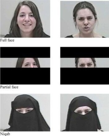 Forskerne brukte skuespillere i eksperimentet der folk skulle tyde følelsene til kvinner med og uten tildekket ansikt. (Foto: Skjermdump fra studie) Forskerne brukte skuespillere i eksperimentet der folk skulle tyde følelsene til kvinner med og uten tildekket ansikt. (Foto: Skjermdump fra studie)