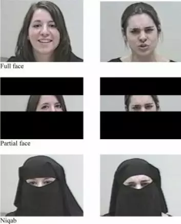 Forskerne brukte skuespillere i eksperimentet der folk skulle tyde følelsene til kvinner med og uten tildekket ansikt. (Foto: Skjermdump fra studie)