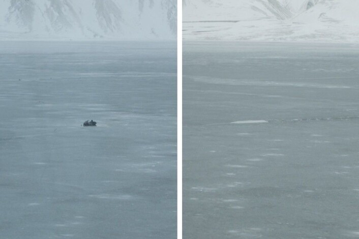 Til venstre: En forlatt snøscooter på isen i Tempelfjorden. Til høyre: Noen minutter senere var også denne scooteren forsvunnet gjennom isen. (Foto: Eivind Torgersen) Til venstre: En forlatt snøscooter på isen i Tempelfjorden. Til høyre: Noen minutter senere var også denne scooteren forsvunnet gjennom isen. (Foto: Eivind Torgersen)