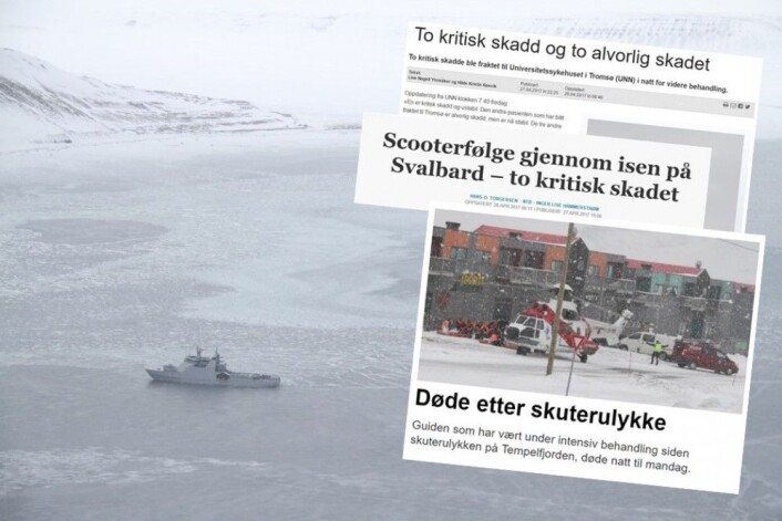 KV «Svalbard» har brøytet seg frem til ulykkesstedet. (Foto: Thor-Arild Hansen, Sysselmannen. Faksimiler fra Svalbardposten og Aftenposten) KV «Svalbard» har brøytet seg frem til ulykkesstedet. (Foto: Thor-Arild Hansen, Sysselmannen. Faksimiler fra Svalbardposten og Aftenposten)