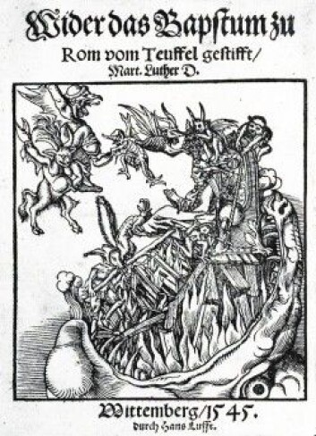 Martin Luther skrev mot slutten av livet det heller gretne skriftet «Mot pavedømmet innstiftet av djevelen». (Illustrasjon: Lucas Cranach den eldre) Martin Luther skrev mot slutten av livet det heller gretne skriftet «Mot pavedømmet innstiftet av djevelen». (Illustrasjon: Lucas Cranach den eldre)