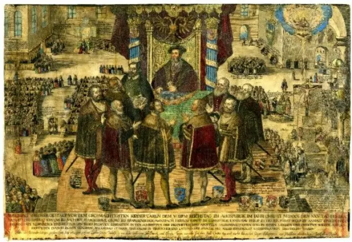 Religionsfred i Augsburg 1555. Partene blir enige. Fyrsten bestemmer undersåttenes religion, og i praksis må de religiøse gruppene bo i ulike områder. (Illustrasjon: Johann Dürr, The British Museum)