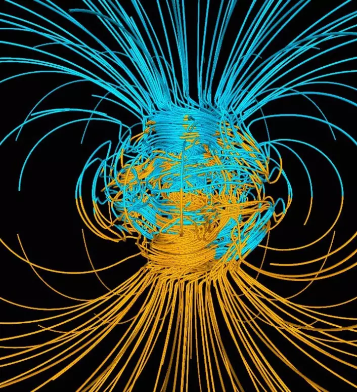 En simulering av jordens magnetfelter. Atombombene kunne endre noen av disse magnetiske linjene, og skape lommer med fangede partikler mellom dem. (Bilde: Dr. Gary A. Glatzmaier)
